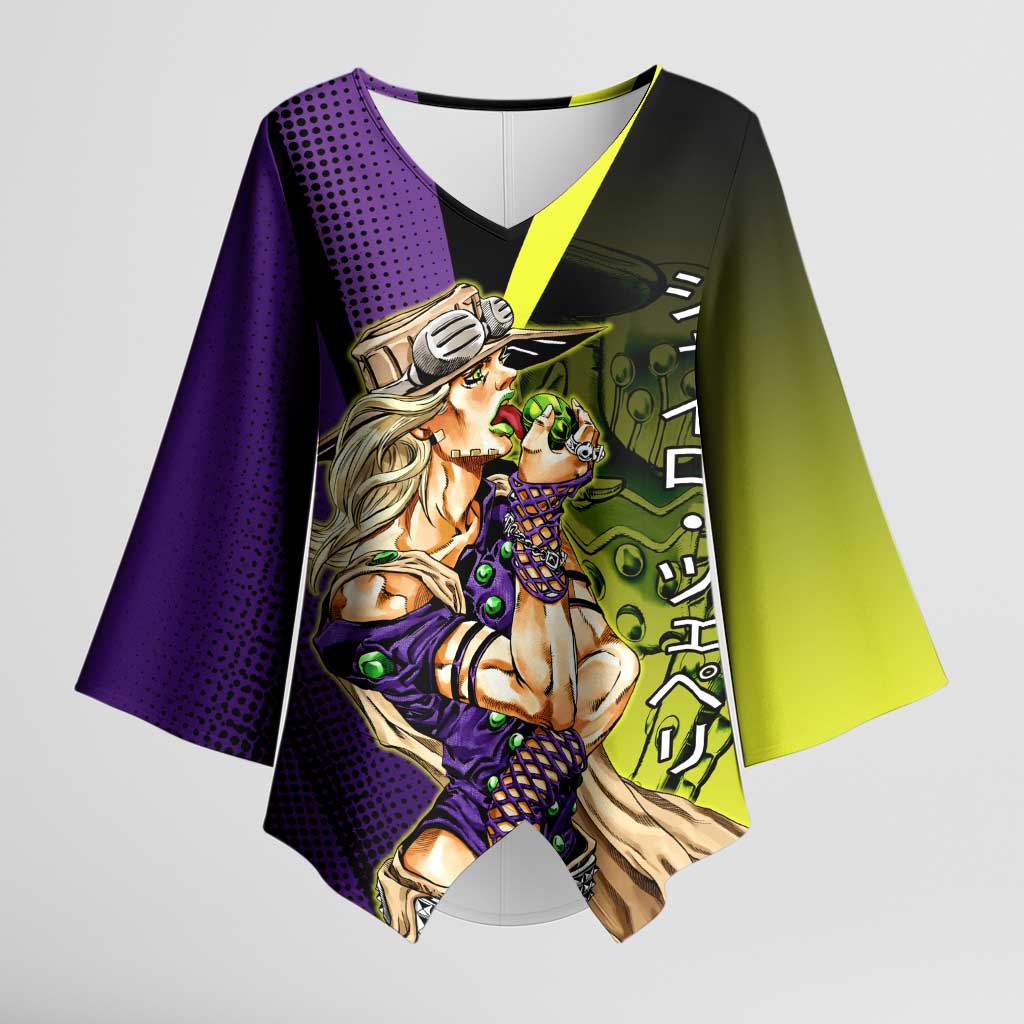Gyro Zeppeli JoJo’s Bizarre Adventure Kimono Sleeve Blouse with Spin Pose and Vibrant - The Mazicc