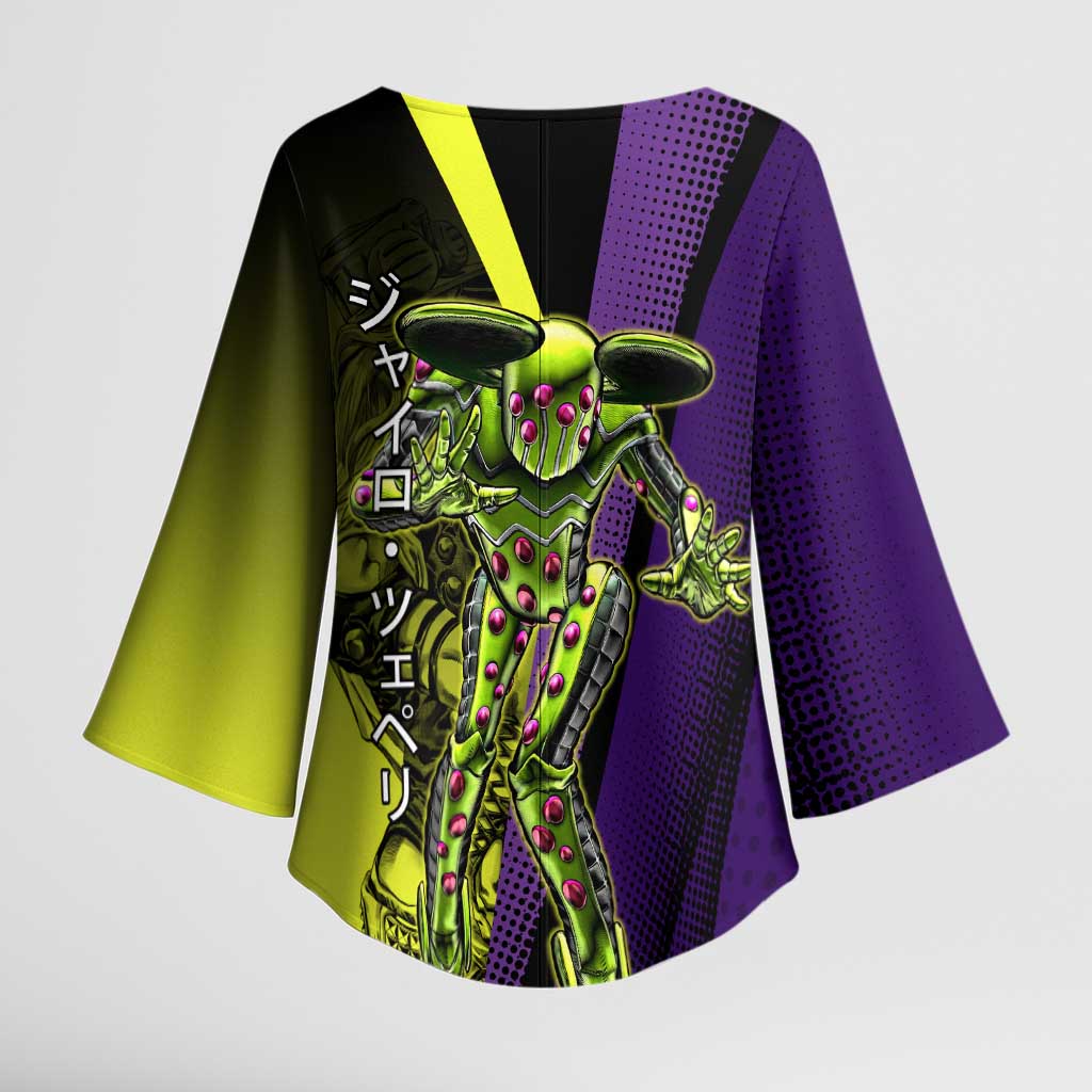 Gyro Zeppeli JoJo’s Bizarre Adventure Kimono Sleeve Blouse with Spin Pose and Vibrant - The Mazicc