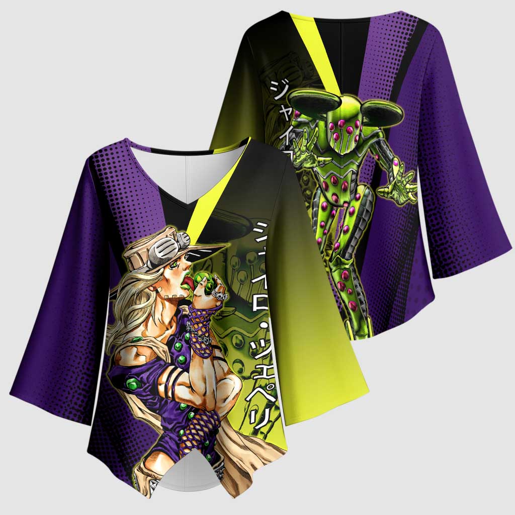 Gyro Zeppeli JoJo’s Bizarre Adventure Kimono Sleeve Blouse with Spin Pose and Vibrant - The Mazicc