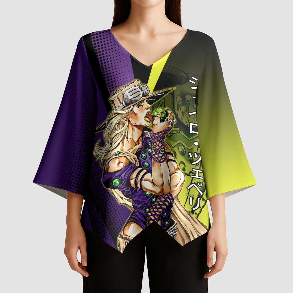 Gyro Zeppeli JoJo’s Bizarre Adventure Kimono Sleeve Blouse with Spin Pose and Vibrant - The Mazicc