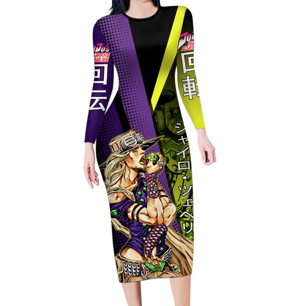 Gyro Zeppeli JoJo’s Bizarre Adventure Long Sleeve Bodycon Dress with Spin Pose and Vibrant - The Mazicc