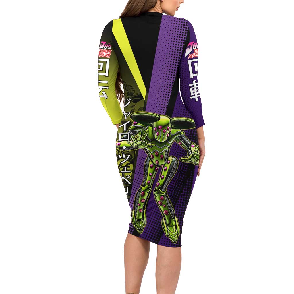Gyro Zeppeli JoJo’s Bizarre Adventure Long Sleeve Bodycon Dress with Spin Pose and Vibrant - The Mazicc