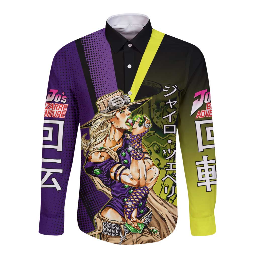 Gyro Zeppeli JoJo’s Bizarre Adventure Long Sleeve Button Shirt with Spin Pose and Vibrant - The Mazicc