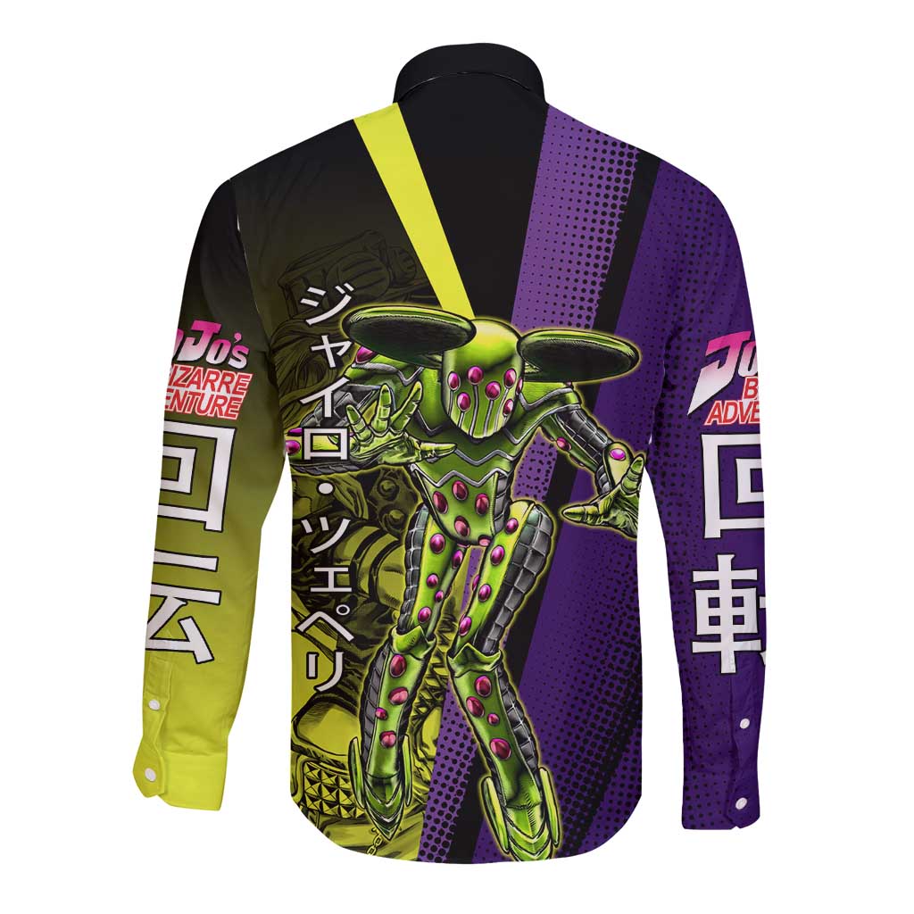 Gyro Zeppeli JoJo’s Bizarre Adventure Long Sleeve Button Shirt with Spin Pose and Vibrant - The Mazicc