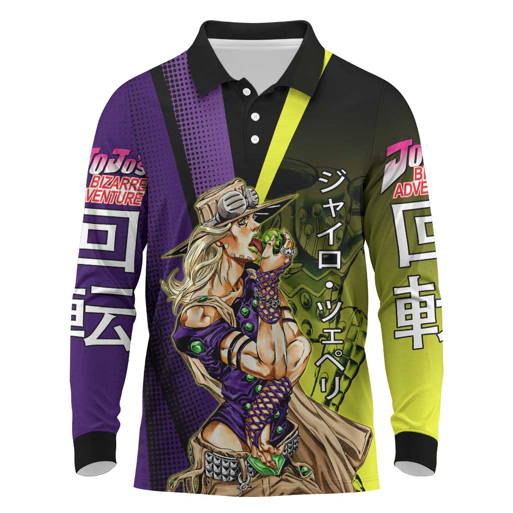 Gyro Zeppeli JoJo’s Bizarre Adventure Long Sleeve Polo Shirt with Spin Pose and Vibrant - The Mazicc