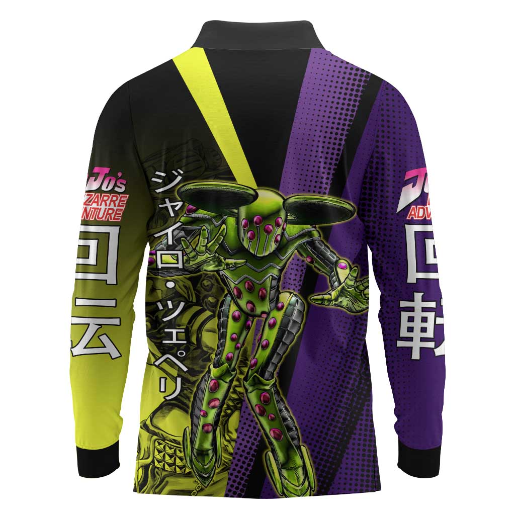Gyro Zeppeli JoJo’s Bizarre Adventure Long Sleeve Polo Shirt with Spin Pose and Vibrant - The Mazicc