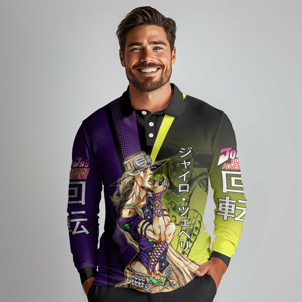 Gyro Zeppeli JoJo’s Bizarre Adventure Long Sleeve Polo Shirt with Spin Pose and Vibrant - The Mazicc