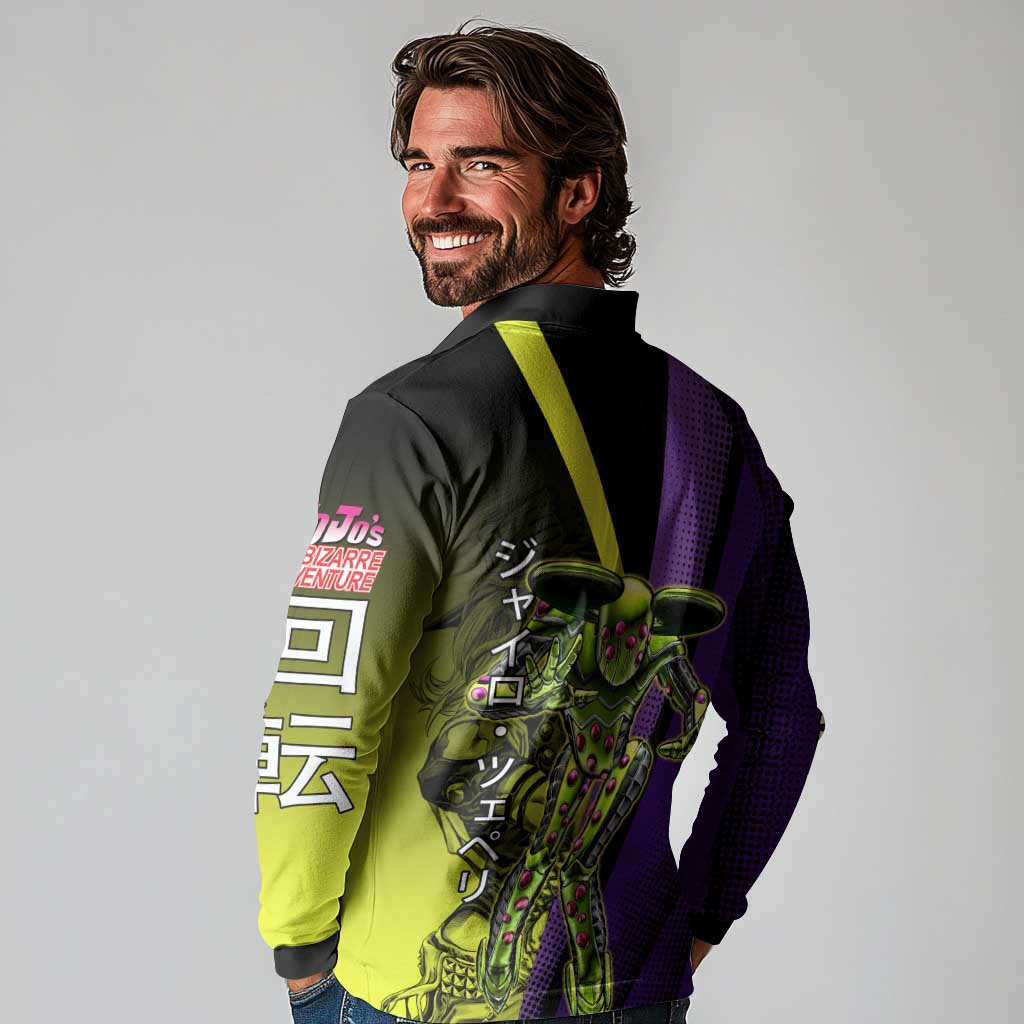 Gyro Zeppeli JoJo’s Bizarre Adventure Long Sleeve Polo Shirt with Spin Pose and Vibrant - The Mazicc