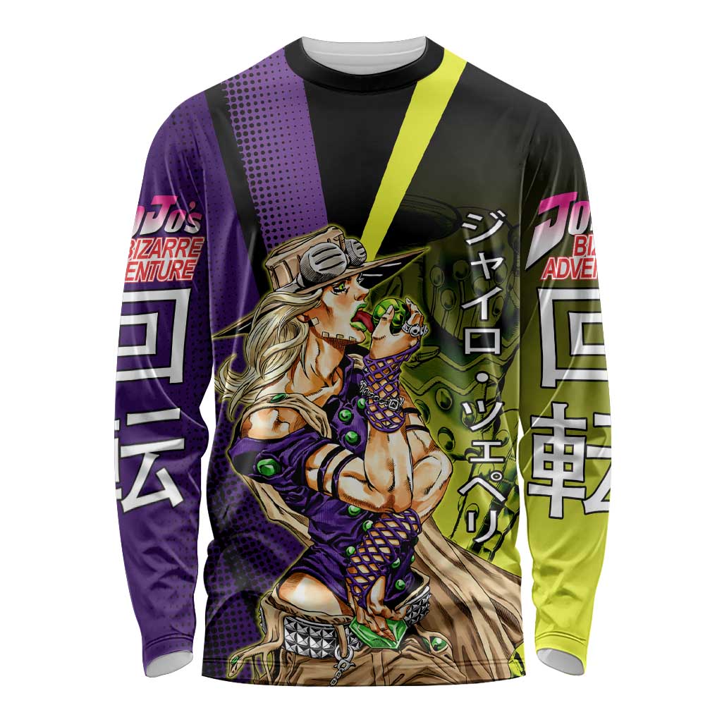Gyro Zeppeli JoJo’s Bizarre Adventure Long Sleeve Shirt with Spin Pose and Vibrant - The Mazicc
