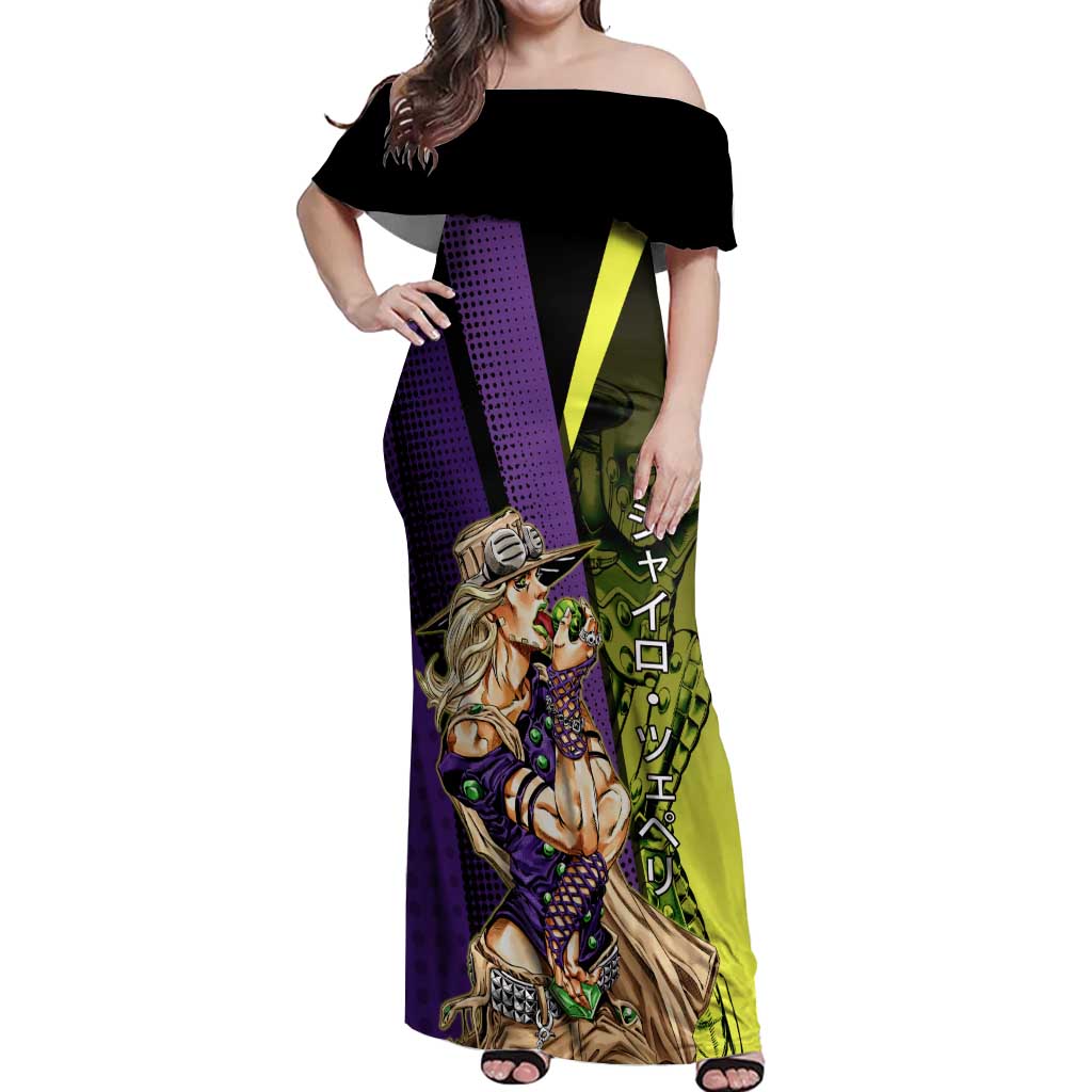 Gyro Zeppeli JoJo’s Bizarre Adventure Off Shoulder Maxi Dress with Spin Pose and Vibrant - The Mazicc