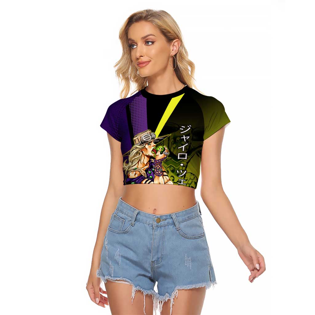 Gyro Zeppeli JoJo’s Bizarre Adventure Raglan Cropped T Shirt with Spin Pose and Vibrant - The Mazicc
