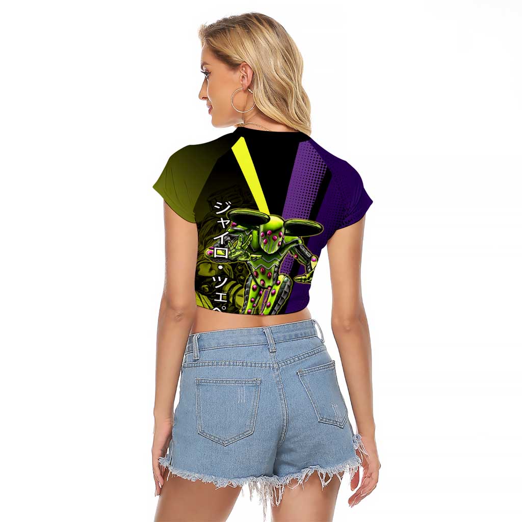 Gyro Zeppeli JoJo’s Bizarre Adventure Raglan Cropped T Shirt with Spin Pose and Vibrant - The Mazicc