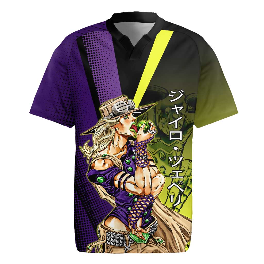 Gyro Zeppeli JoJo’s Bizarre Adventure Rugby Jersey with Spin Pose and Vibrant - The Mazicc