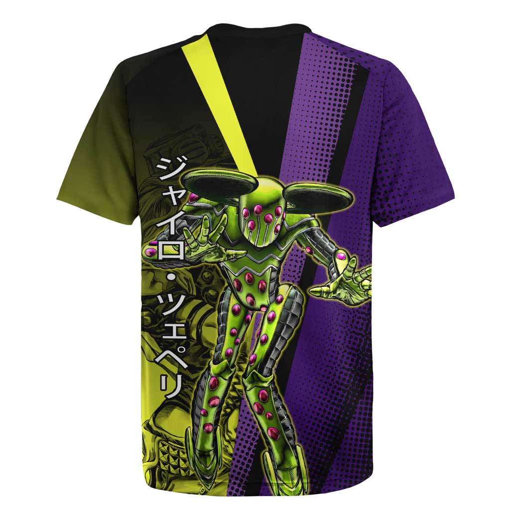 Gyro Zeppeli JoJo’s Bizarre Adventure Rugby Jersey with Spin Pose and Vibrant - The Mazicc