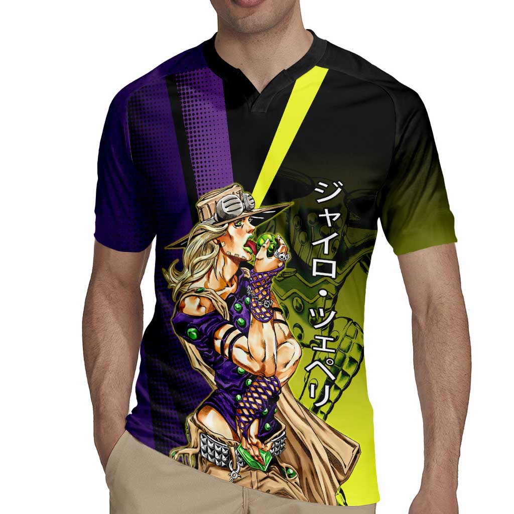 Gyro Zeppeli JoJo’s Bizarre Adventure Rugby Jersey with Spin Pose and Vibrant - The Mazicc