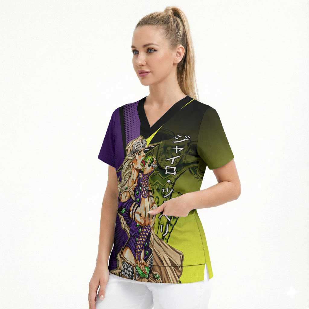 Gyro Zeppeli JoJo’s Bizarre Adventure Scrub Top with Spin Pose and Vibrant - The Mazicc