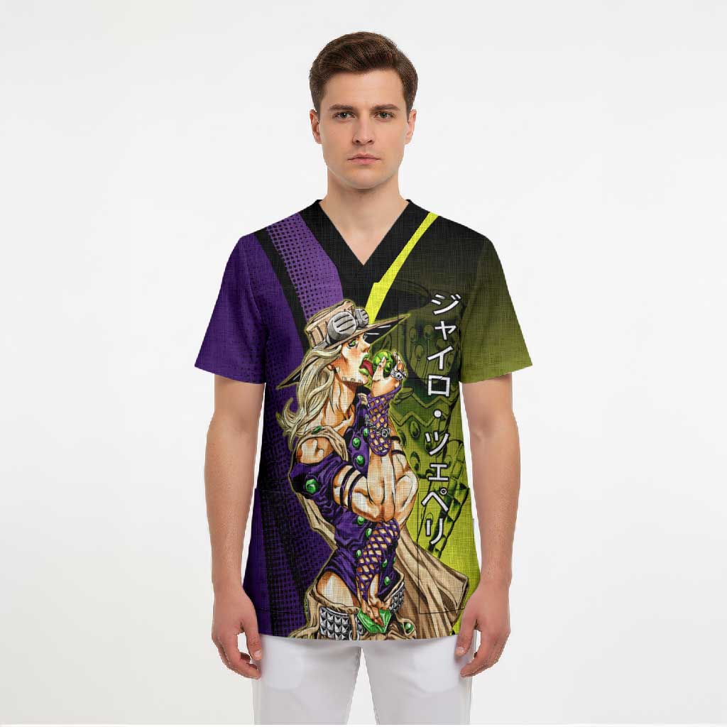 Gyro Zeppeli JoJo’s Bizarre Adventure Scrub Top with Spin Pose and Vibrant - The Mazicc