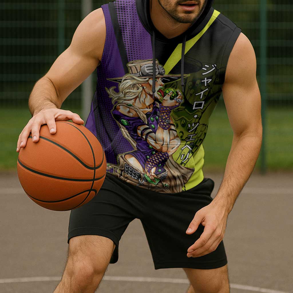 Gyro Zeppeli JoJo’s Bizarre Adventure Sleeveless Hoodie with Spin Pose and Vibrant - The Mazicc