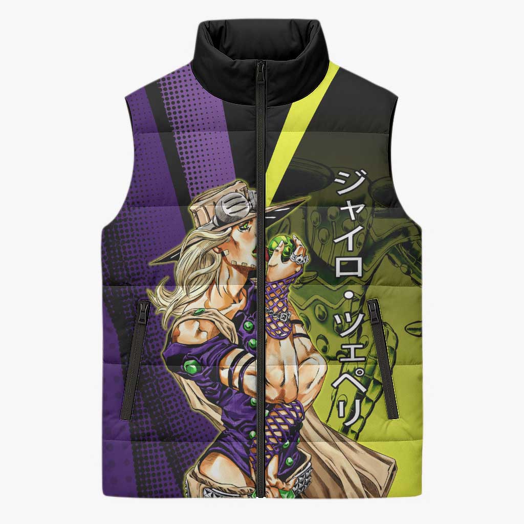 Gyro Zeppeli JoJo’s Bizarre Adventure Sleeveless Puffer Jacket with Spin Pose and Vibrant - The Mazicc