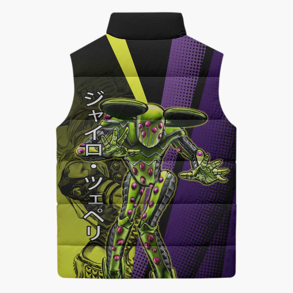 Gyro Zeppeli JoJo’s Bizarre Adventure Sleeveless Puffer Jacket with Spin Pose and Vibrant - The Mazicc