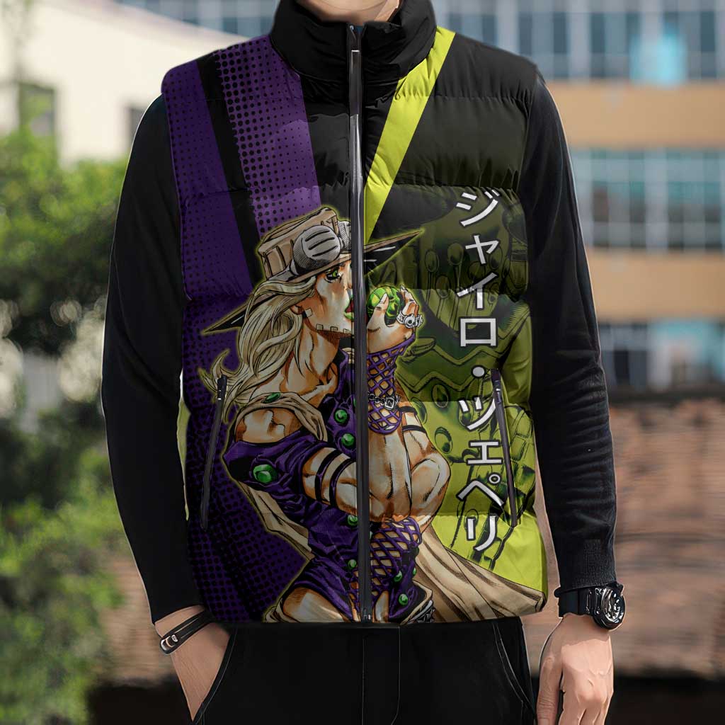 Gyro Zeppeli JoJo’s Bizarre Adventure Sleeveless Puffer Jacket with Spin Pose and Vibrant - The Mazicc