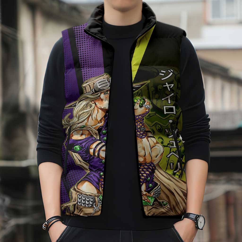 Gyro Zeppeli JoJo’s Bizarre Adventure Sleeveless Puffer Jacket with Spin Pose and Vibrant - The Mazicc