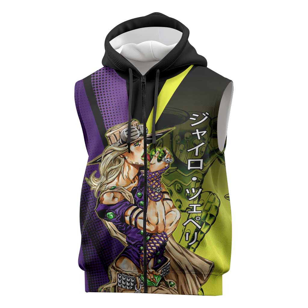 Gyro Zeppeli JoJo’s Bizarre Adventure Sleeveless Zip Hoodie with Spin Pose and Vibrant - The Mazicc