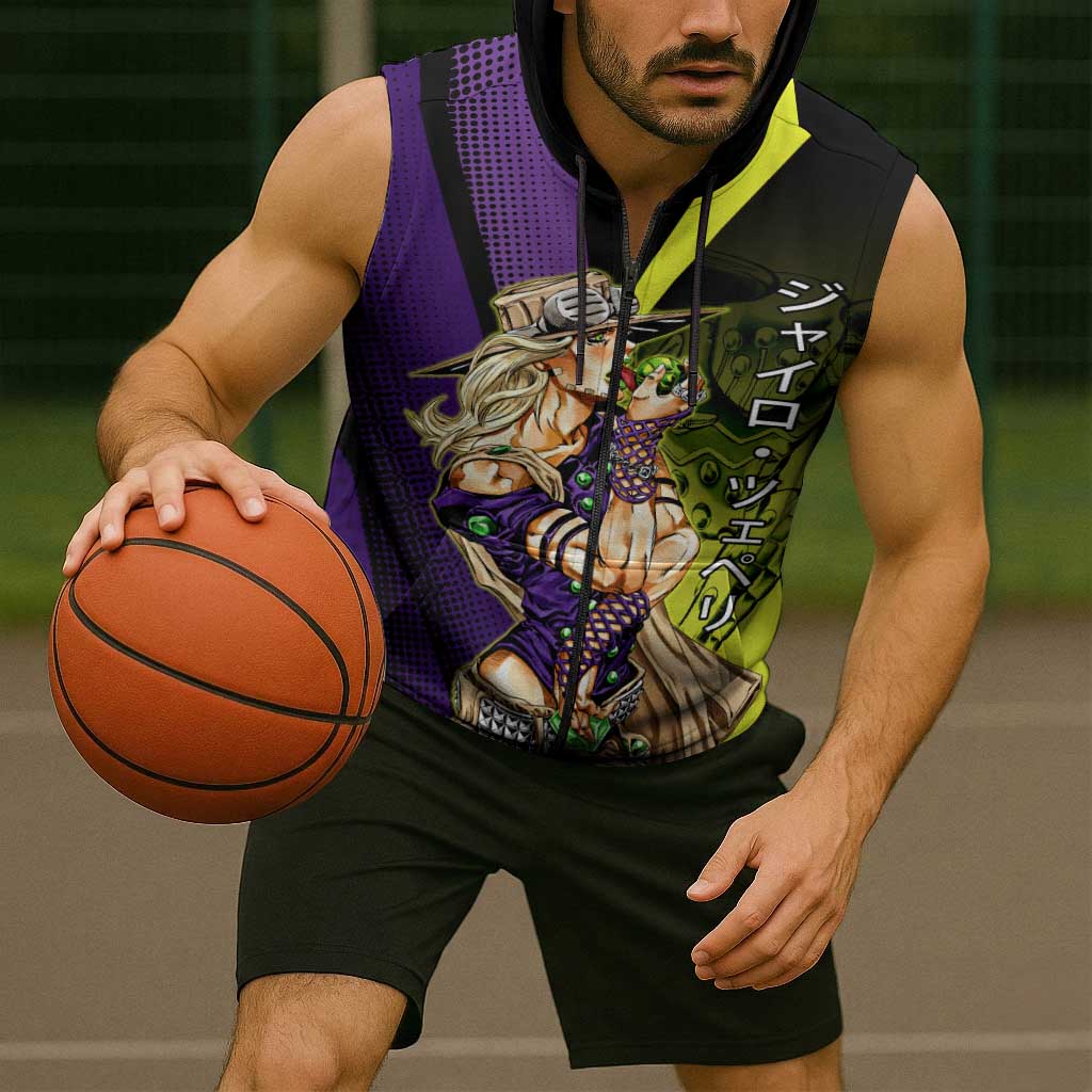 Gyro Zeppeli JoJo’s Bizarre Adventure Sleeveless Zip Hoodie with Spin Pose and Vibrant - The Mazicc