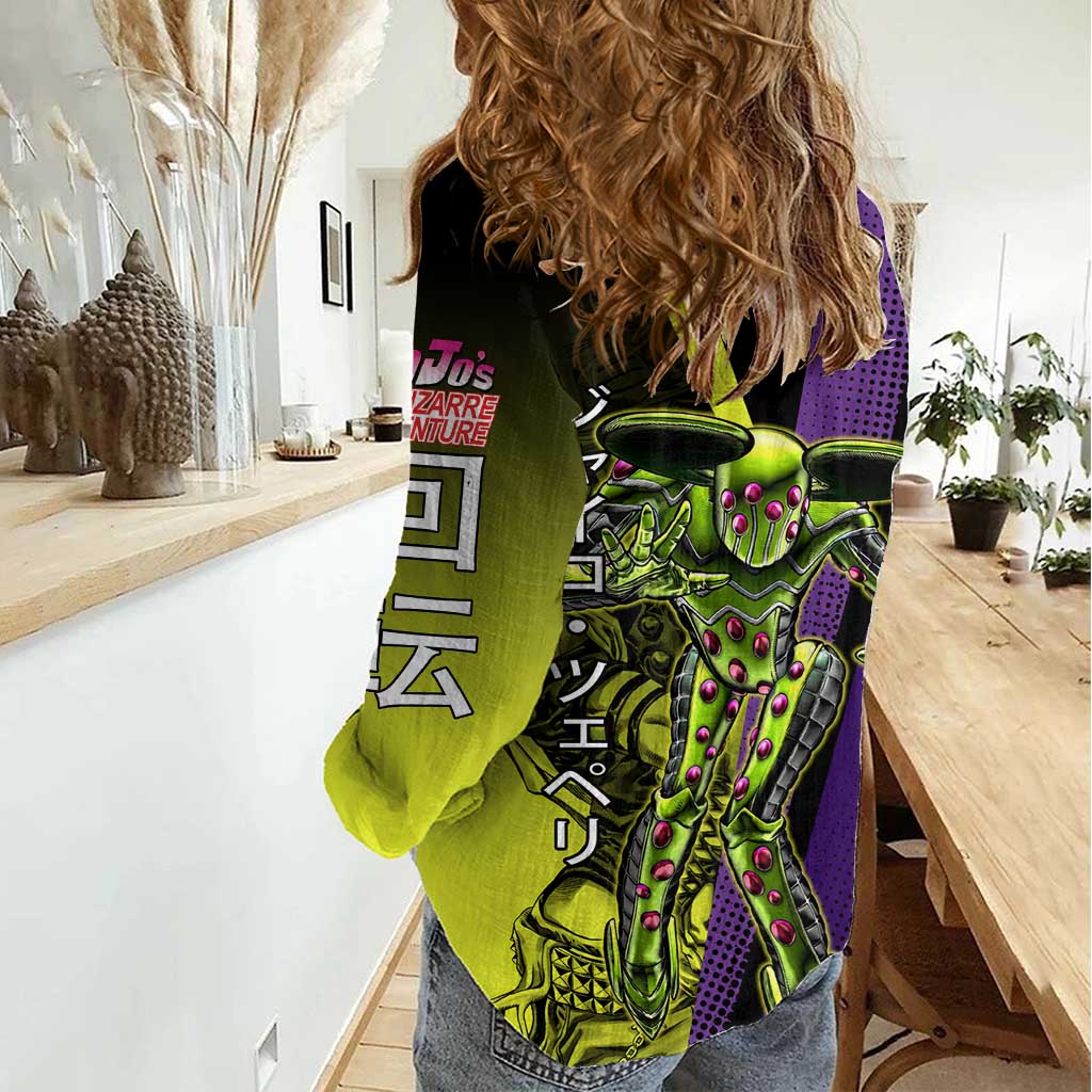 Gyro Zeppeli JoJo’s Bizarre Adventure Women Casual Shirt with Spin Pose and Vibrant - The Mazicc