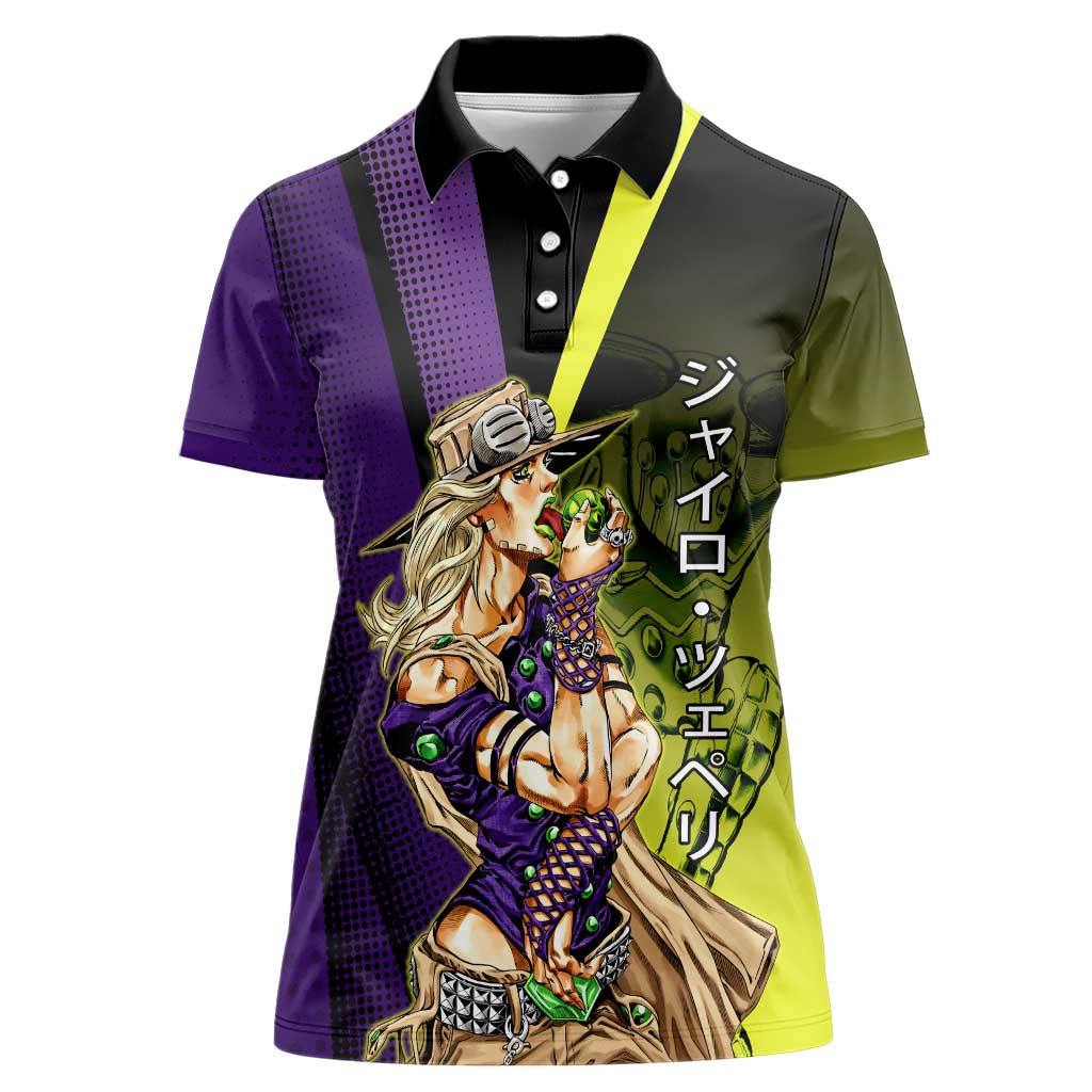 Gyro Zeppeli JoJo’s Bizarre Adventure Women Polo Shirt with Spin Pose and Vibrant - The Mazicc