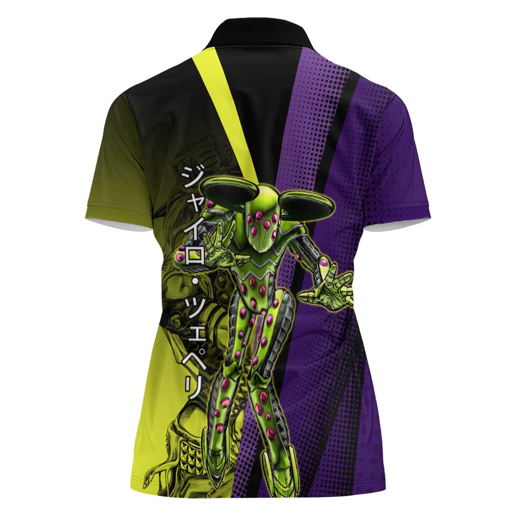 Gyro Zeppeli JoJo’s Bizarre Adventure Women Polo Shirt with Spin Pose and Vibrant - The Mazicc