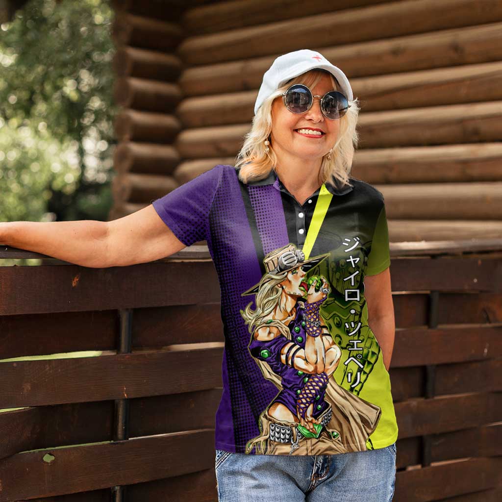 Gyro Zeppeli JoJo’s Bizarre Adventure Women Polo Shirt with Spin Pose and Vibrant - The Mazicc