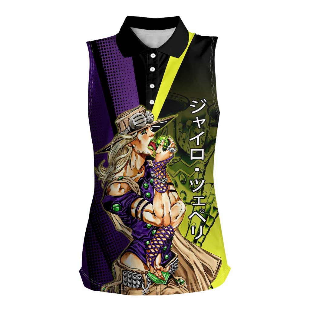 Gyro Zeppeli JoJo’s Bizarre Adventure Women Sleeveless Polo Shirt with Spin Pose and Vibrant - The Mazicc