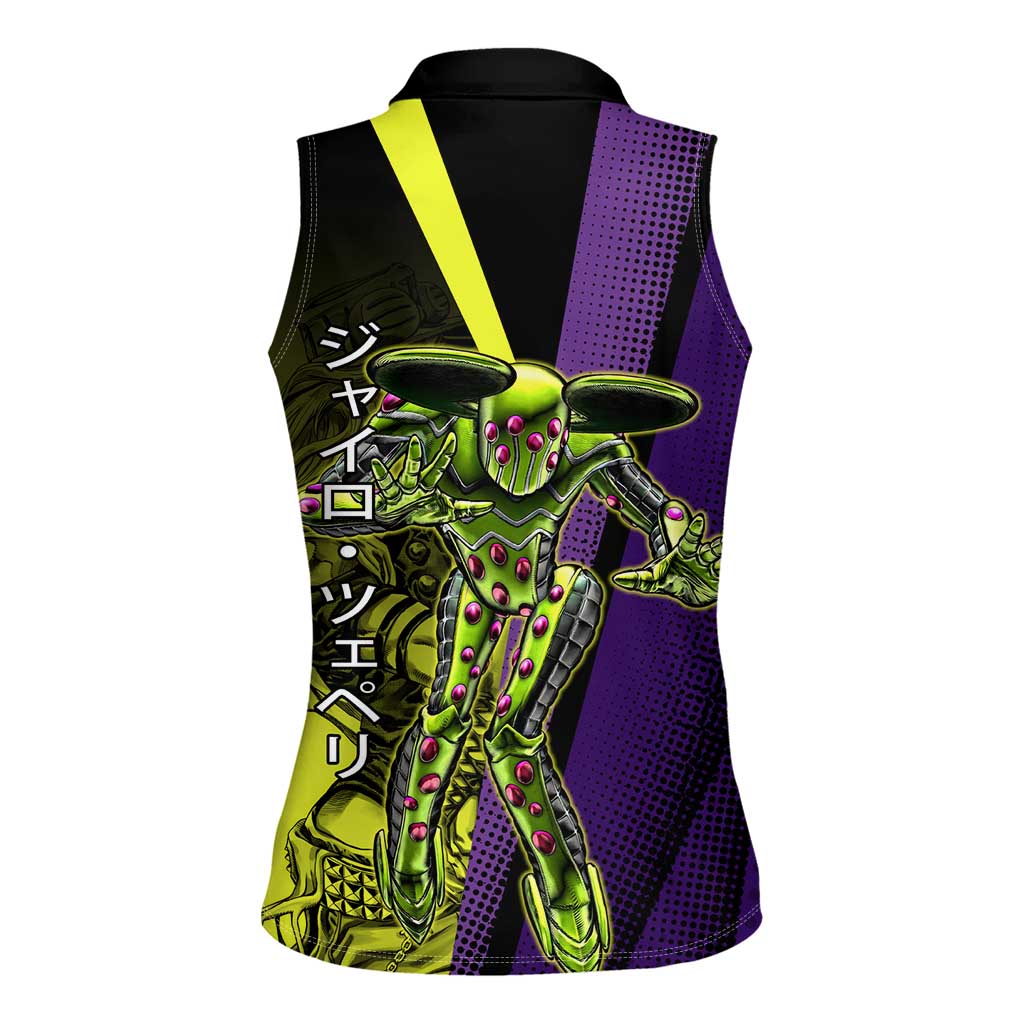 Gyro Zeppeli JoJo’s Bizarre Adventure Women Sleeveless Polo Shirt with Spin Pose and Vibrant - The Mazicc