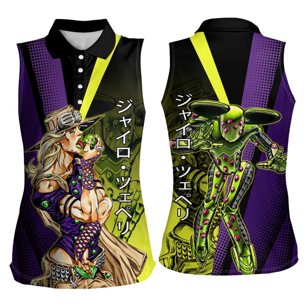 Gyro Zeppeli JoJo’s Bizarre Adventure Women Sleeveless Polo Shirt with Spin Pose and Vibrant - The Mazicc