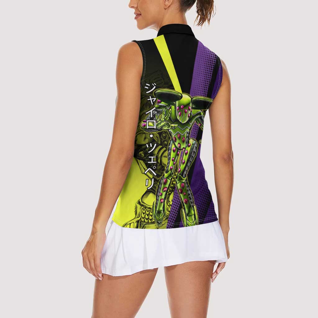 Gyro Zeppeli JoJo’s Bizarre Adventure Women Sleeveless Polo Shirt with Spin Pose and Vibrant - The Mazicc