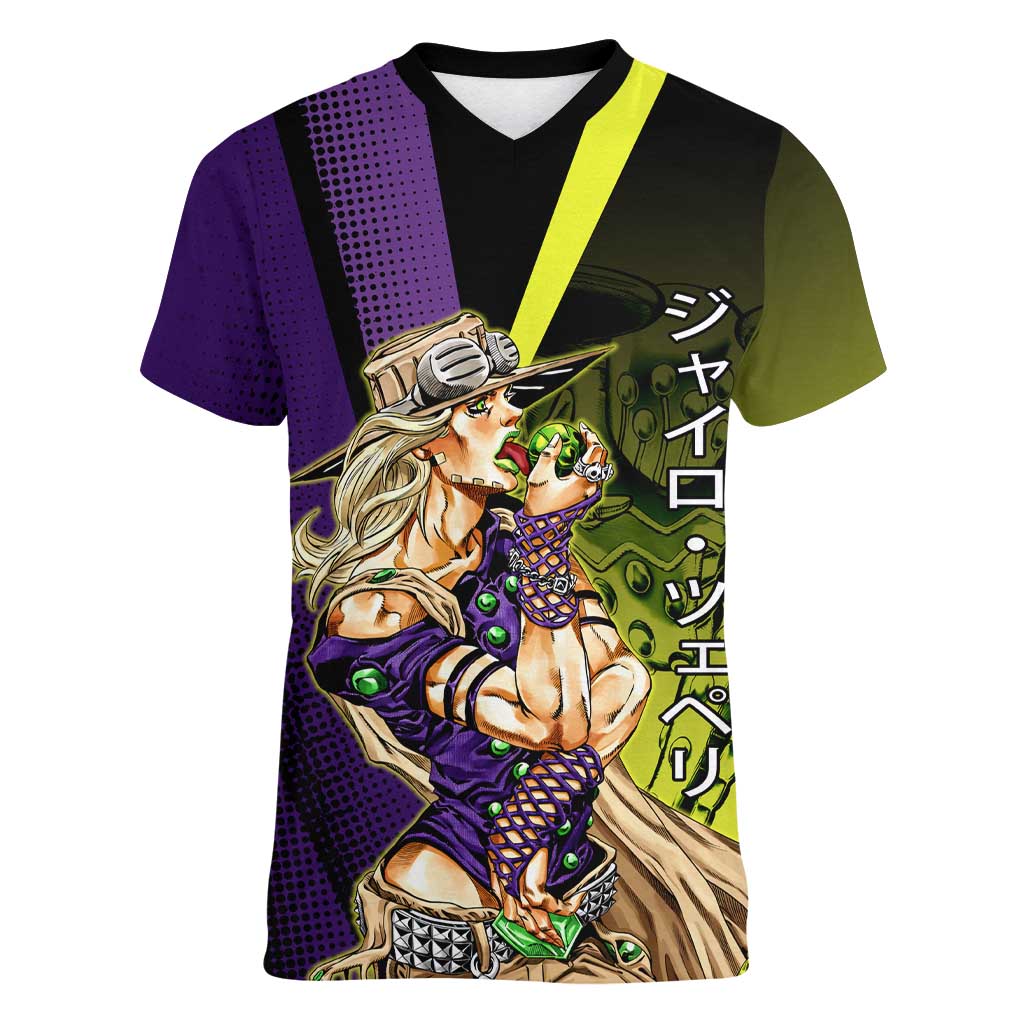 Gyro Zeppeli JoJo’s Bizarre Adventure Women V-Neck T-Shirt with Spin Pose and Vibrant - The Mazicc