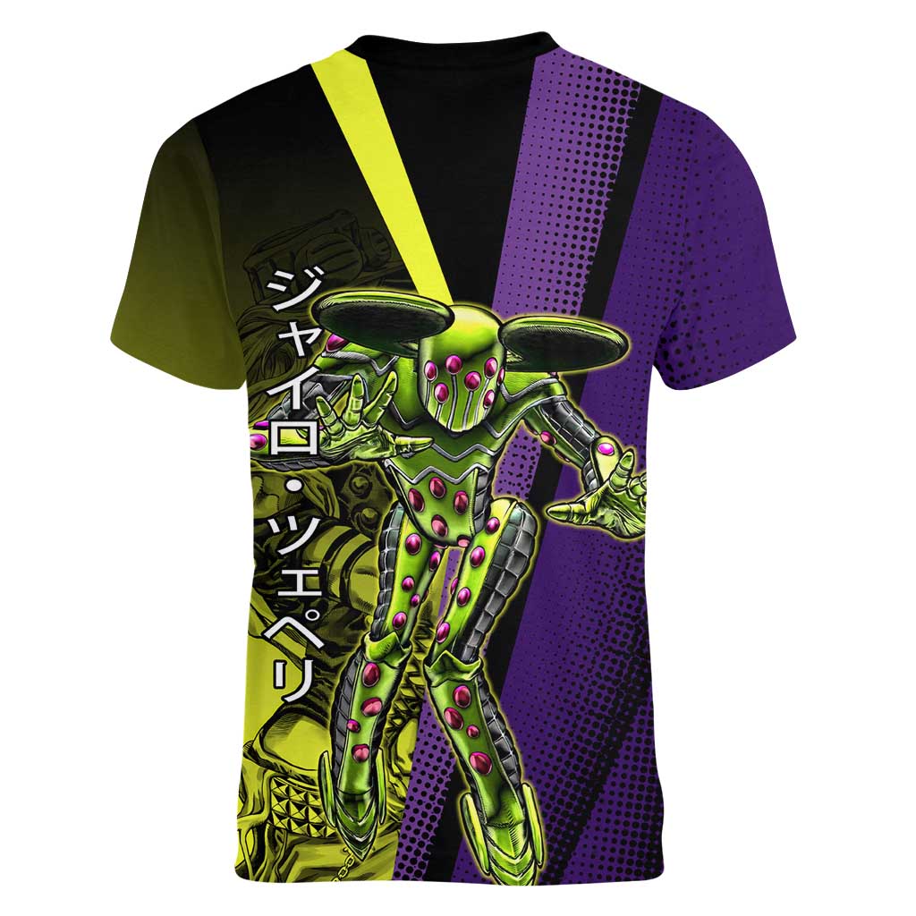 Gyro Zeppeli JoJo’s Bizarre Adventure Women V-Neck T-Shirt with Spin Pose and Vibrant - The Mazicc