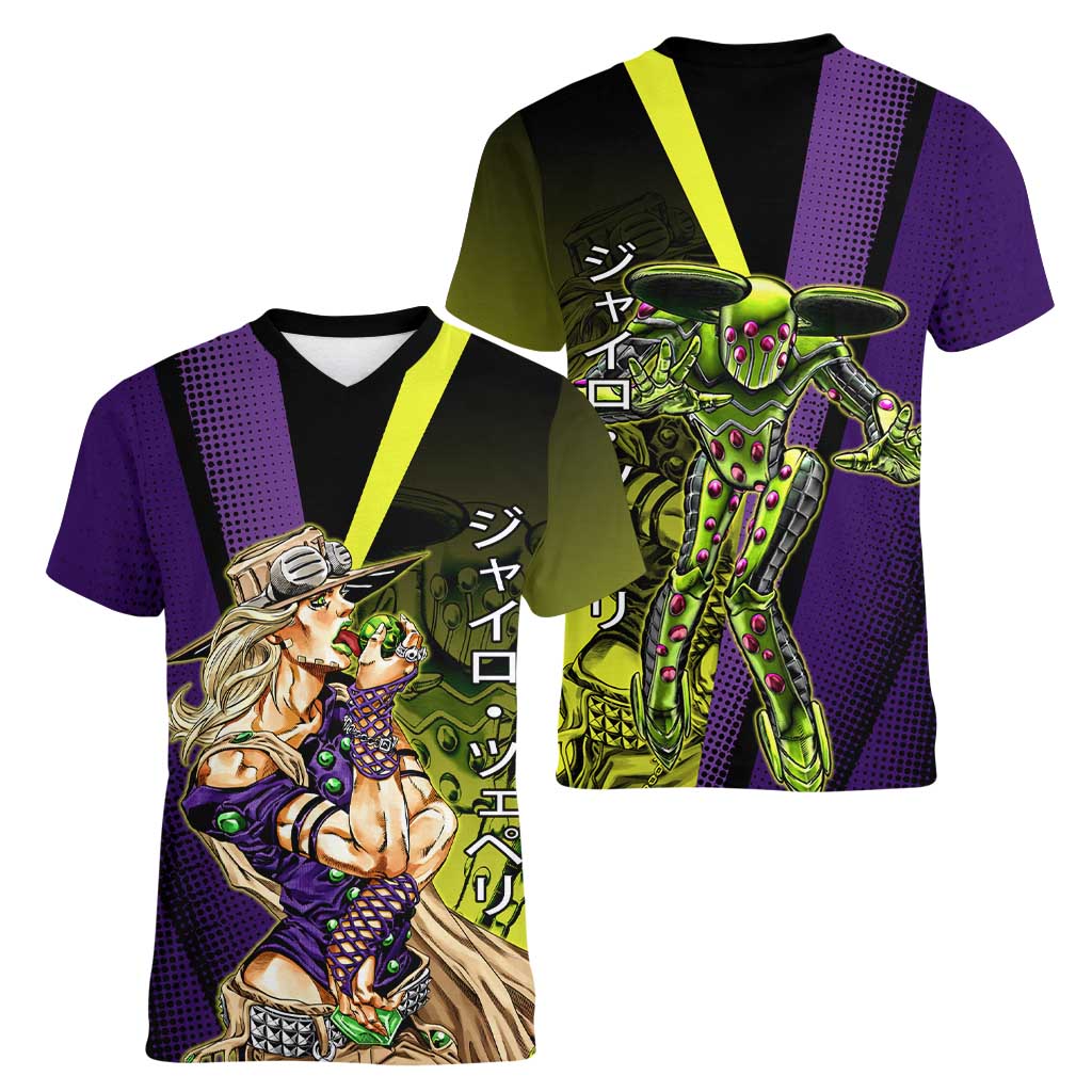 Gyro Zeppeli JoJo’s Bizarre Adventure Women V-Neck T-Shirt with Spin Pose and Vibrant - The Mazicc