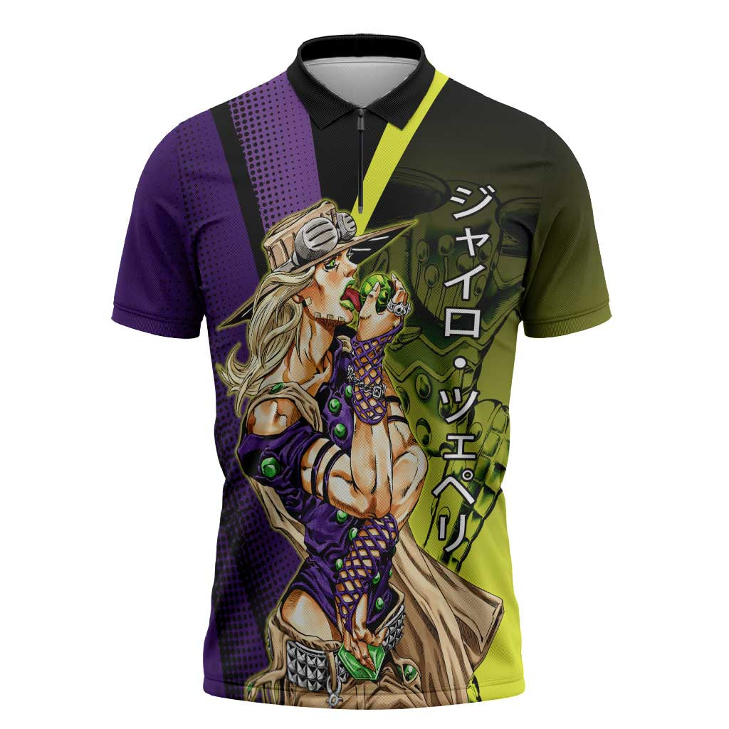 Gyro Zeppeli JoJo’s Bizarre Adventure Zipper Polo Shirt with Spin Pose and Vibrant - The Mazicc