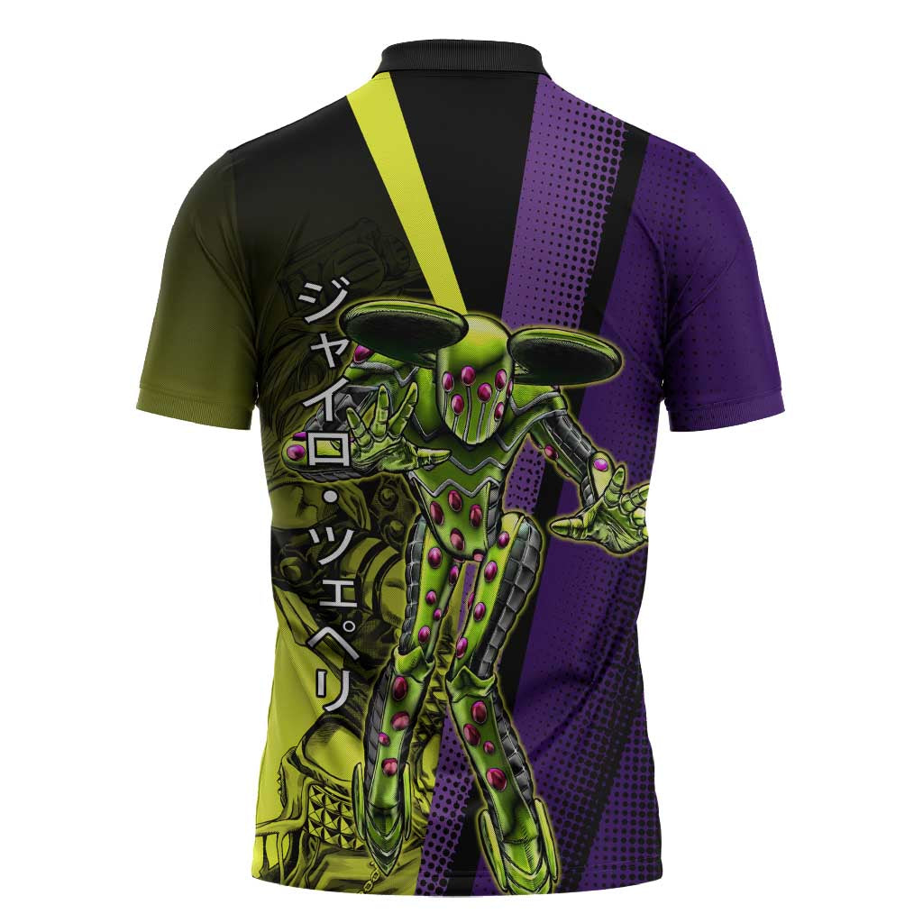 Gyro Zeppeli JoJo’s Bizarre Adventure Zipper Polo Shirt with Spin Pose and Vibrant - The Mazicc