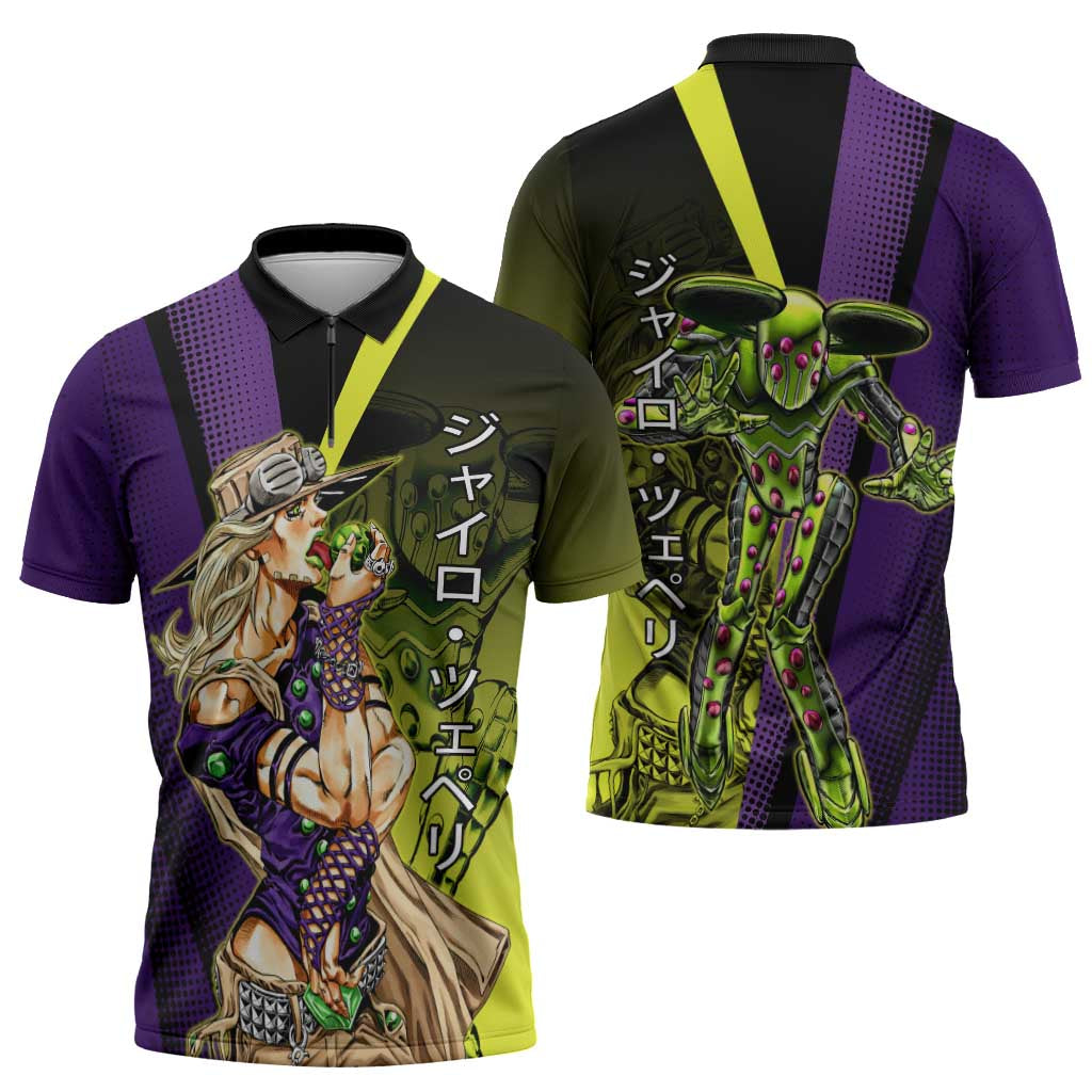 Gyro Zeppeli JoJo’s Bizarre Adventure Zipper Polo Shirt with Spin Pose and Vibrant - The Mazicc