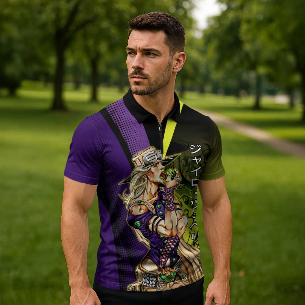 Gyro Zeppeli JoJo’s Bizarre Adventure Zipper Polo Shirt with Spin Pose and Vibrant - The Mazicc