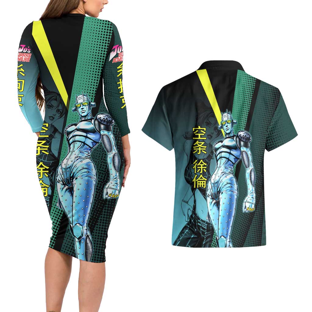 Jolyne Cujoh JoJo’s Bizarre Adventure Couples Matching Long Sleeve Bodycon Dress and Hawaiian Shirt with Stone Free Stand - The Mazicc