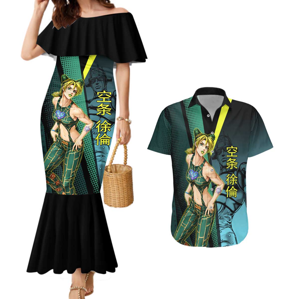 Jolyne Cujoh JoJo’s Bizarre Adventure Couples Matching Mermaid Dress and Hawaiian Shirt with Stone Free Stand - The Mazicc