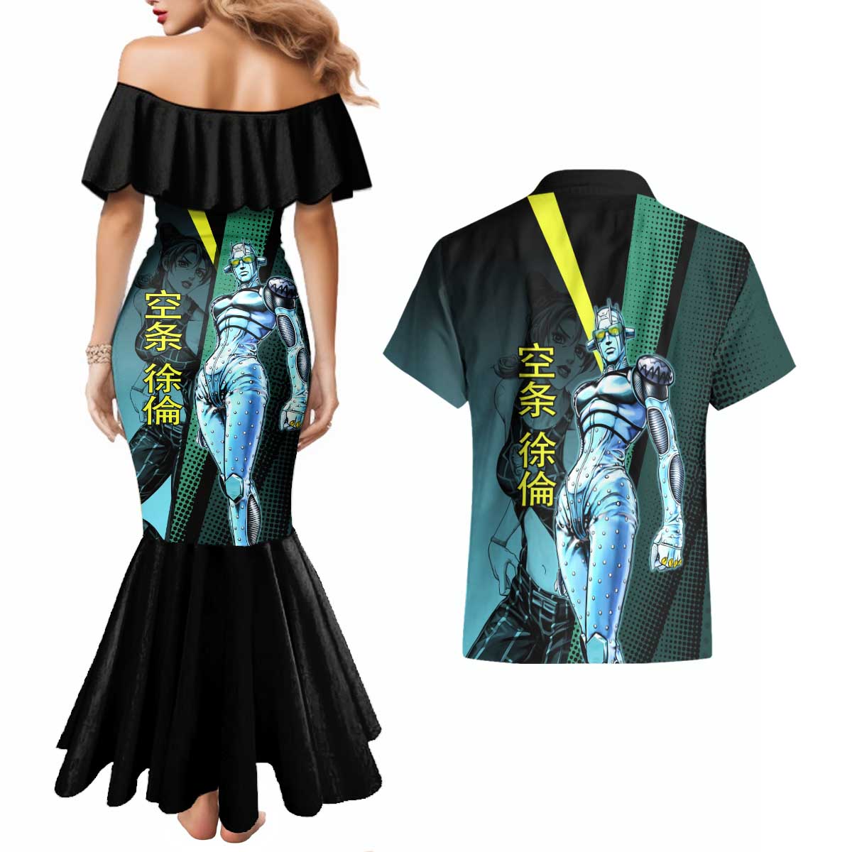 Jolyne Cujoh JoJo’s Bizarre Adventure Couples Matching Mermaid Dress and Hawaiian Shirt with Stone Free Stand - The Mazicc