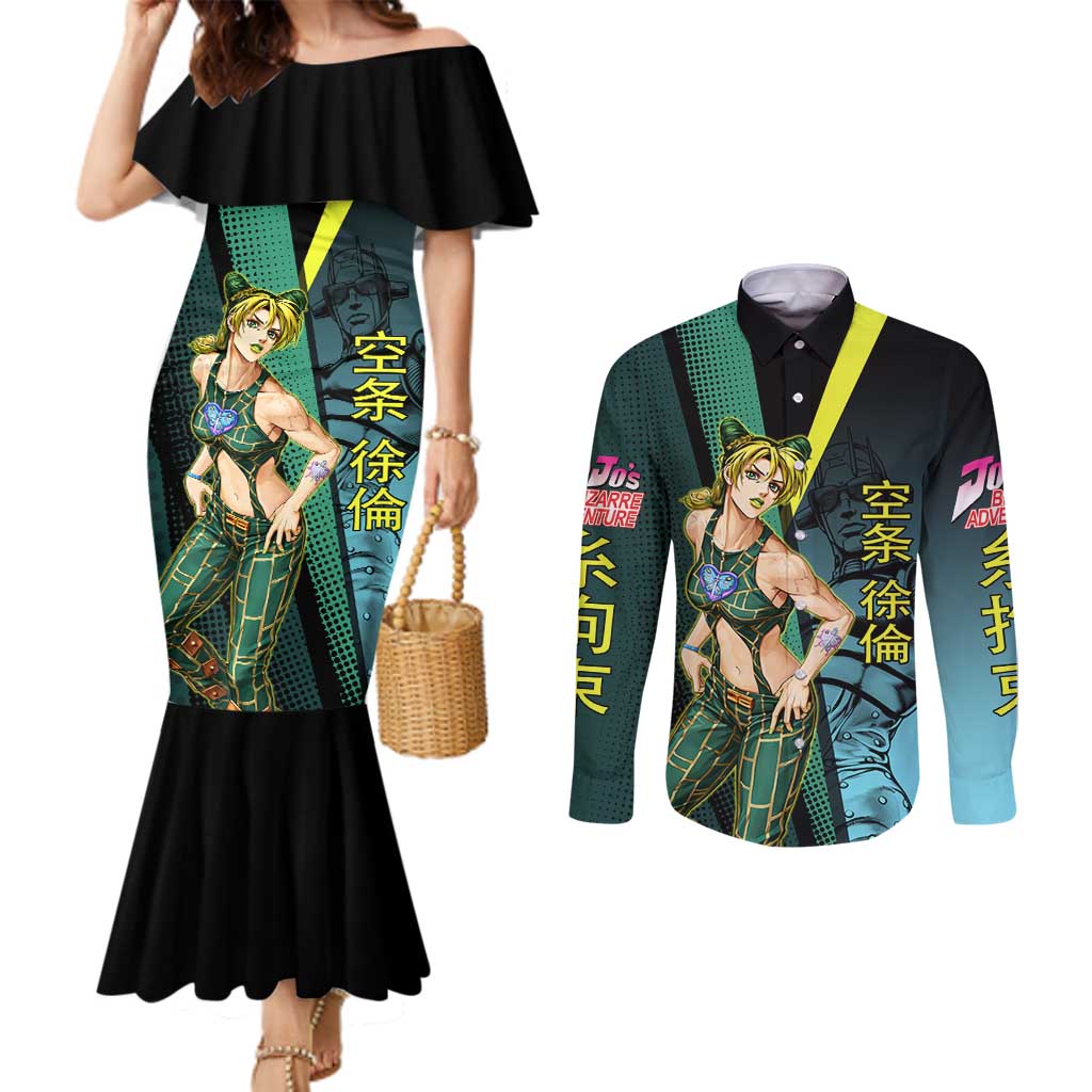 Jolyne Cujoh JoJo’s Bizarre Adventure Couples Matching Mermaid Dress and Long Sleeve Button Shirt with Stone Free Stand - The Mazicc
