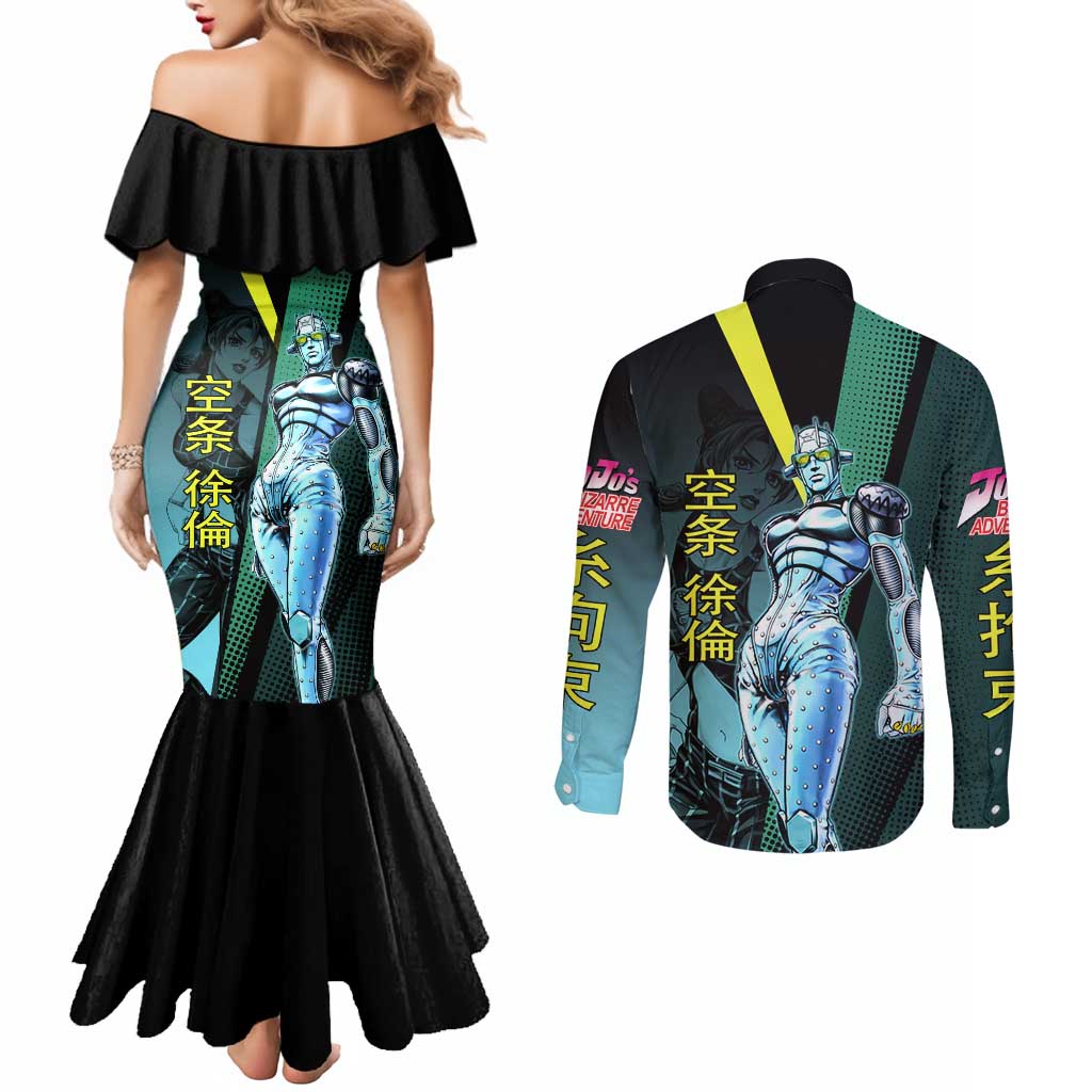 Jolyne Cujoh JoJo’s Bizarre Adventure Couples Matching Mermaid Dress and Long Sleeve Button Shirt with Stone Free Stand - The Mazicc