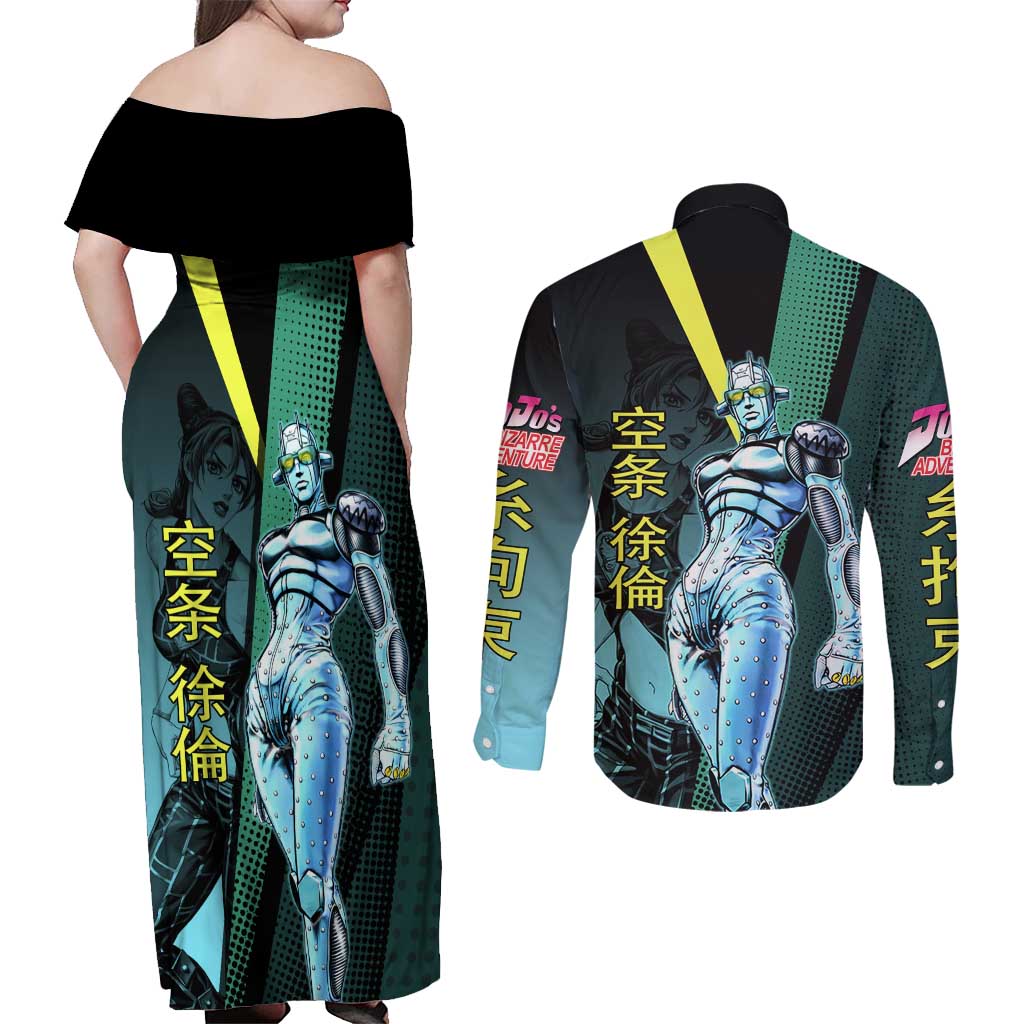 Jolyne Cujoh JoJo’s Bizarre Adventure Couples Matching Off Shoulder Maxi Dress and Long Sleeve Button Shirt with Stone Free Stand - The Mazicc