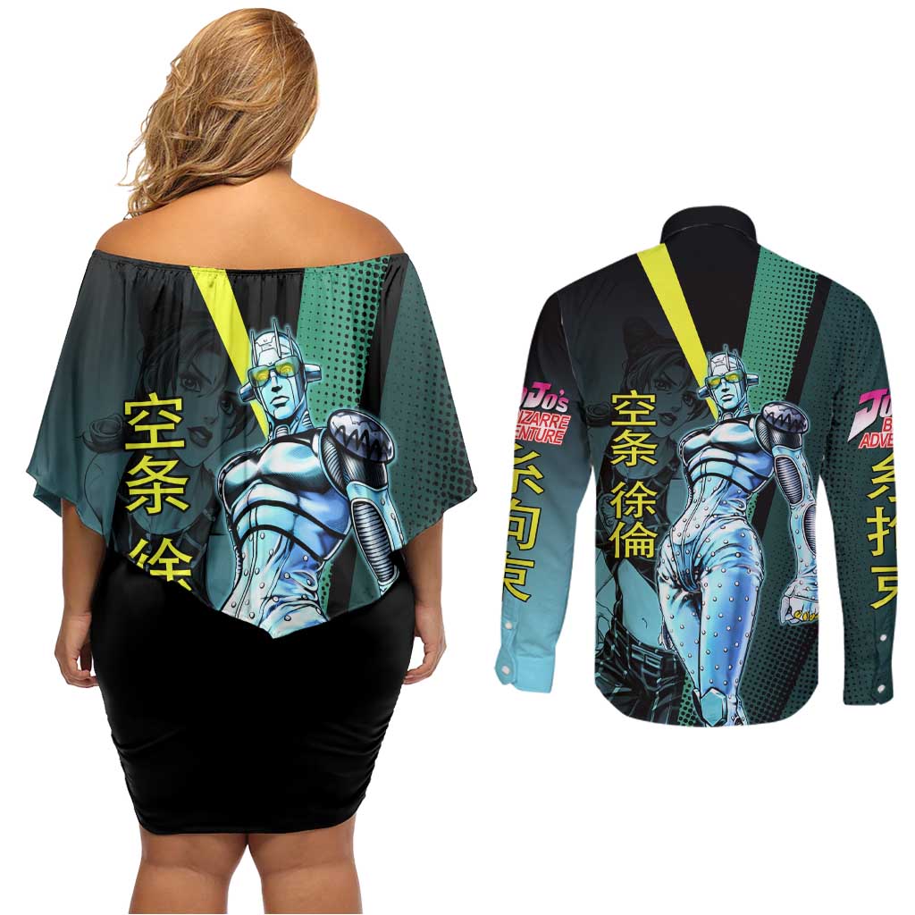 Jolyne Cujoh JoJo’s Bizarre Adventure Couples Matching Off Shoulder Short Dress and Long Sleeve Button Shirt with Stone Free Stand - The Mazicc